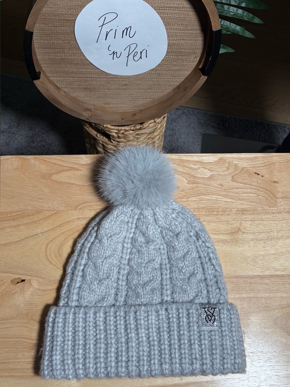 Victoria’s Secret - Gray Knit Rhinestone “VS” Pom-Pom Beanie